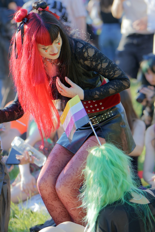 17 - Participants at a Pride event, with one individual holding a non-binary pride flag